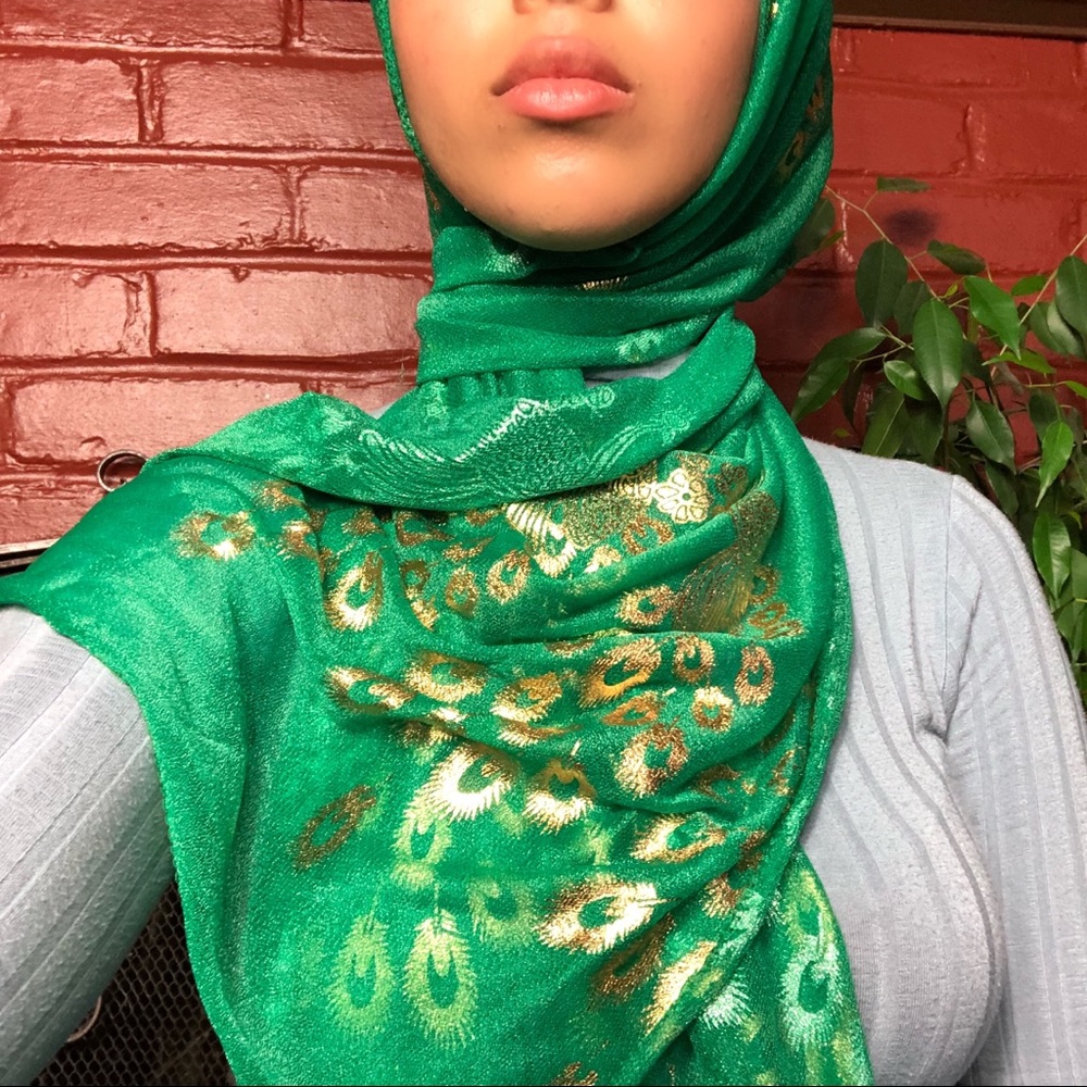 Bright green gold peacock scarf